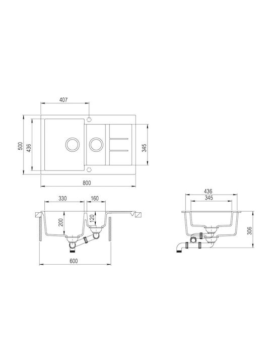 vidaXL Drop-In Spüle Links aus Verbundgranulat B80xT50cm Black