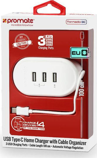 Promate Φορτιστής και Καλώδιο USB-C Λευκός (Tornado-3C)