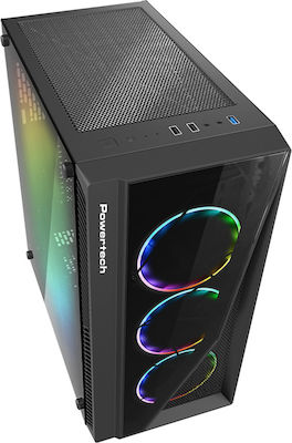 Powertech PT-743 Gaming Midi Tower Κουτί Υπολογιστή με Πλαϊνό Παράθυρο και RGB Φωτισμό Μαύρο