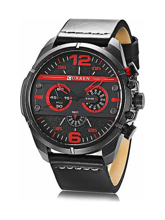 Curren Watch Chronograph Battery with Leather Strap Black / Red