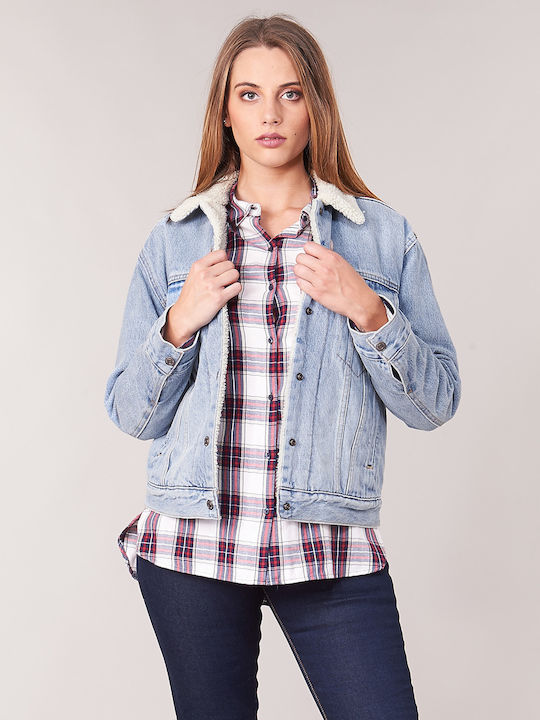 Trucker Ex Boyfriend Sherpa Women's Short Jean Jacket for Winter Blue