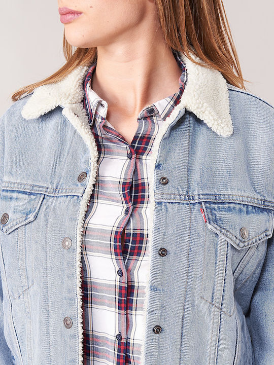Trucker Ex Boyfriend Sherpa Women's Short Jean Jacket for Winter Blue