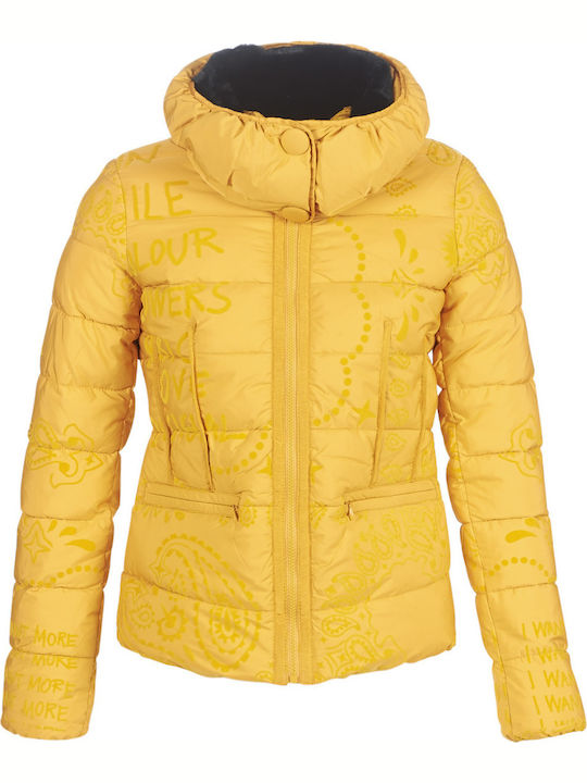 Desigual Sunna Women's Long Puffer Jacket for Winter with Hood Yellow