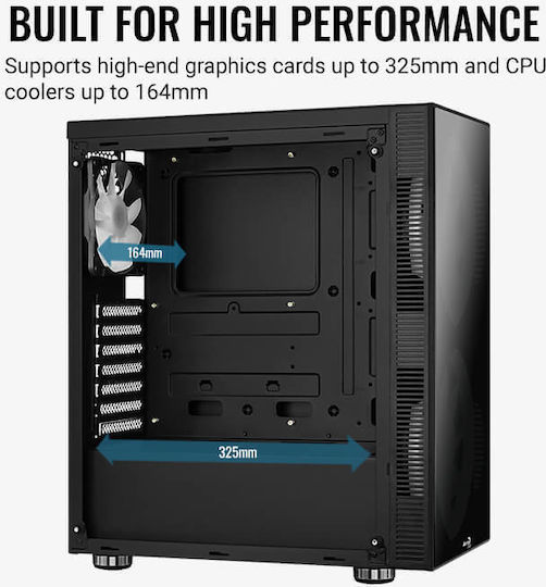 Aerocool Python Gaming Midi Tower Κουτί Υπολογιστή με Πλαϊνό Παράθυρο και RGB Φωτισμό Μαύρο
