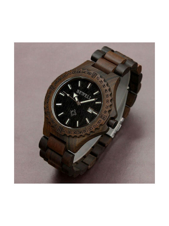Bewell Ανδρικό Ρολόι 47mm Μπαταρίας με Καφέ Ξύλινο Μπρασελέ