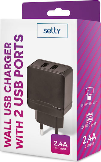 Setty Φορτιστής Χωρίς Καλώδιο με 2 Θύρες USB-A Μαύρος (GSM043803)