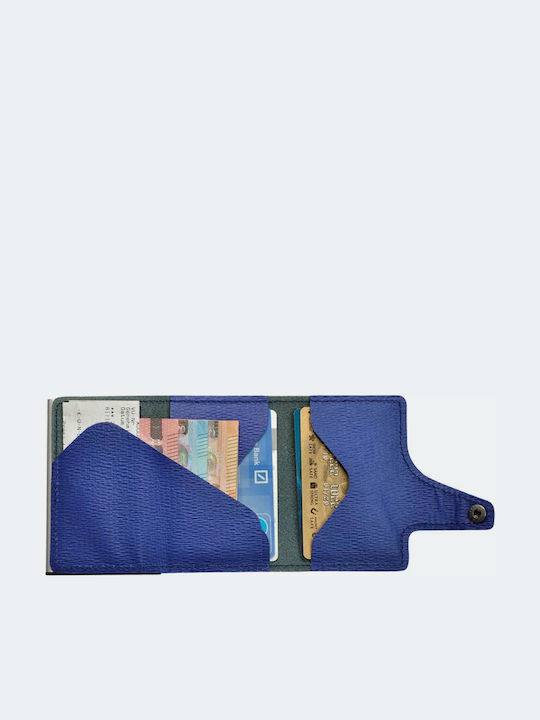 Click & Slide Δερμάτινο Ανδρικό Πορτοφόλι Καρτών με RFID και Μηχανισμό Slide Μπλε