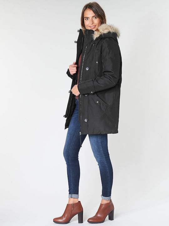 Lang Damen Parka Jacke mit pelziger Kapuze für Winter Schwarz