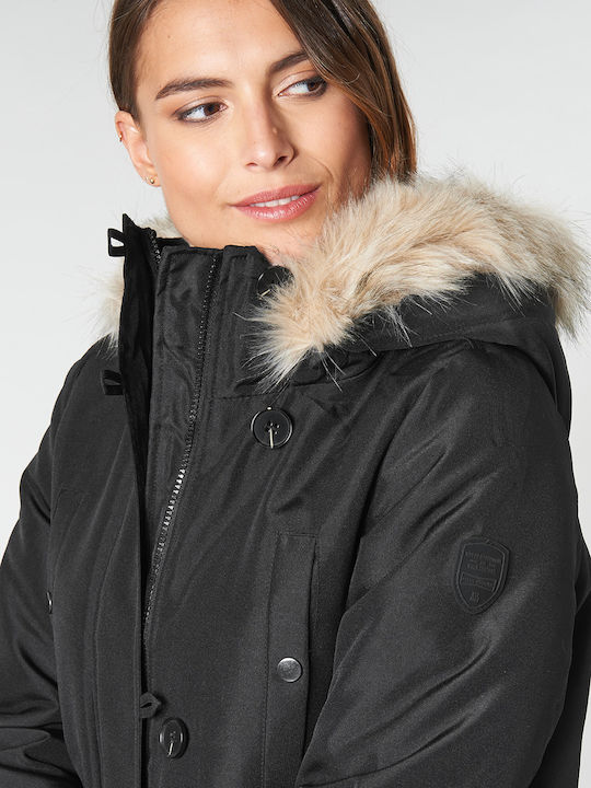 Lang Damen Parka Jacke mit pelziger Kapuze für Winter Schwarz