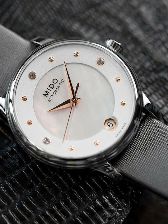 Mido Baroncelli Lady Day Diamonds Γυναικείο Ρολόι 27.9mm Αυτόματο με Δερμάτινο Λουράκι
