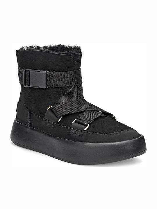 Classic Boom Buckle Suede Women's Ankle Boots with Fur Black