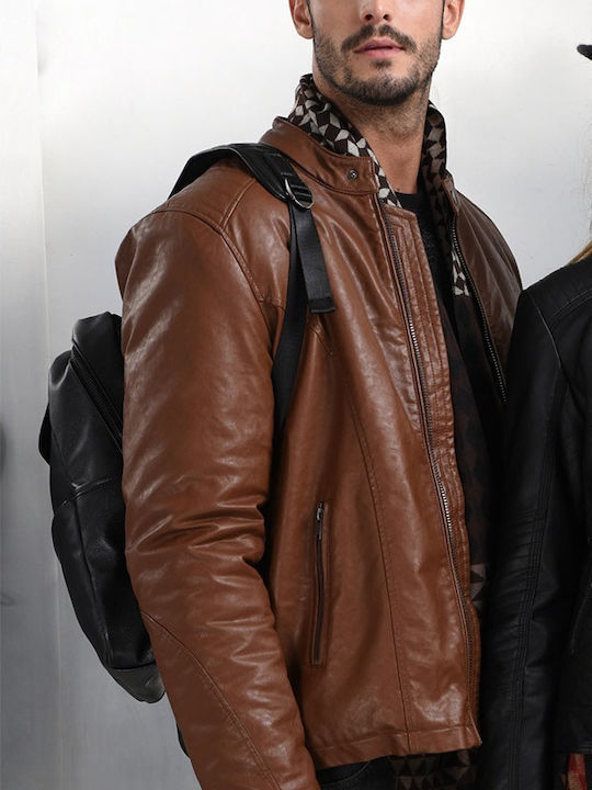 Faux Leather Jacket Biker Tabac Brown