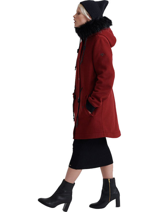 Superdry Women's Long Parka Jacket for Winter with Hood Burgundy