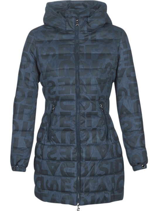 Letras Women's Long Puffer Jacket for Winter with Hood Navy Blue