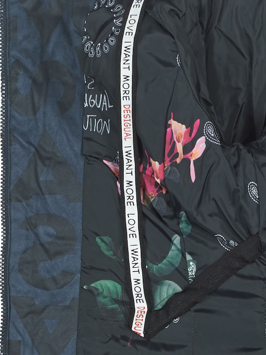 Letras Women's Long Puffer Jacket for Winter with Hood Navy Blue