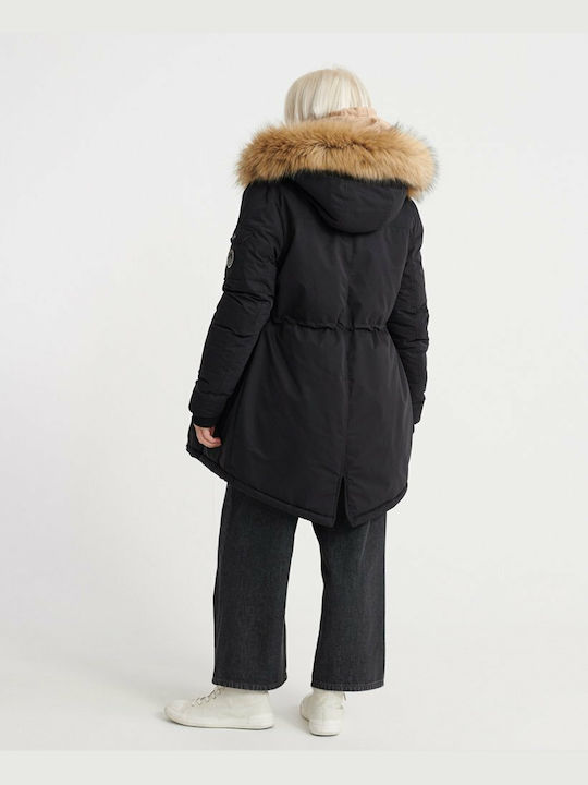 Superdry Nadare Lung Jachetă de femei tip parka cu glugă de blană pentru iarnă Negru