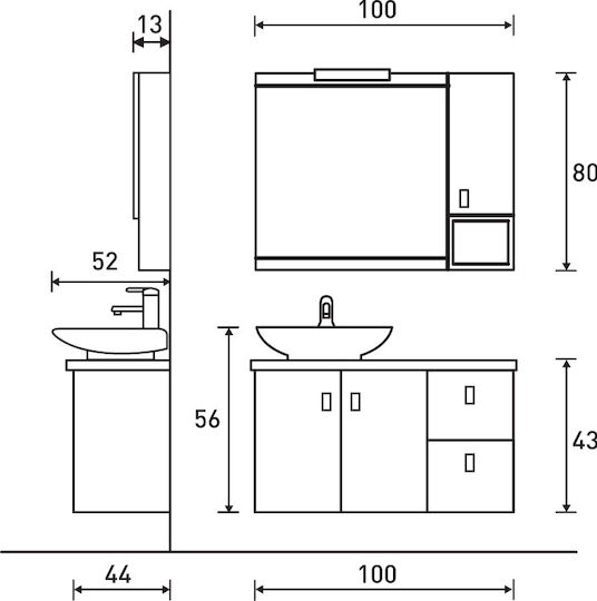 Pro Bagno Orestis 638 Countertop with Sink & Mirror with Light L100xW43xH43cm Brown