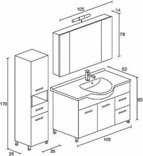 Pro Bagno Syros 630 Countertop with Sink & Mirror with Light L105xW52xH85cm Beige