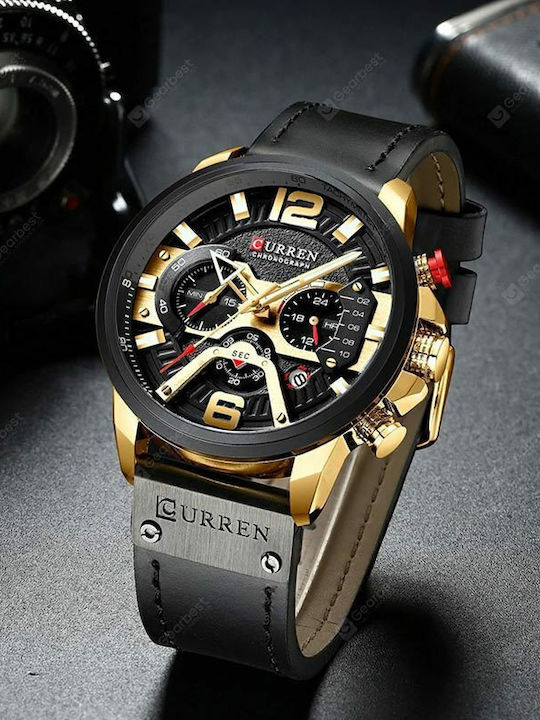 Curren Men's Watch 48mm Chronograph Battery with Leather Strap Black Gold