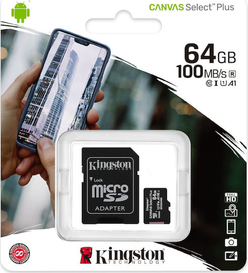 Kingston Canvas Select Plus microSDXC 64GB U1 V10 A1 UHS-I 100MB/s με αντάπτορα