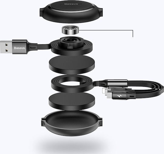 Baseus Golden Loop Retractable USB to micro USB / Type-C / Lightning Cable 3.5A Μαύρο 1.2m (CAMLT-JH01)