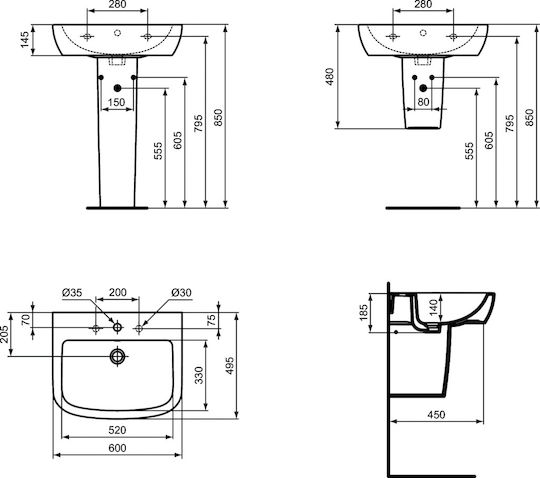 Ideal Standard Tempo Επιτοίχιος Κρεμαστός Νιπτήρας Πορσελάνης 60x50x18.5cm Λευκός