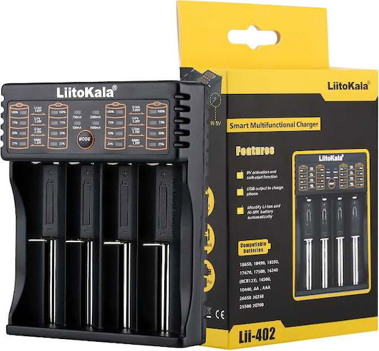 LiitoKala LII-402 USB Charger 4 Batteries Li-ion/Ni-Cd/Ni-MH Size AA/AAA/18650/16340/26650/14500