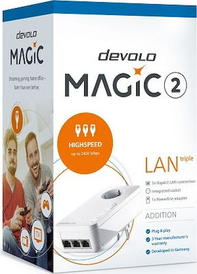 Devolo Magic 2 LAN triple Powerline für kabelgebundene Verbindung mit Durchgangssteckdose Steckdose und 3 Anschlüsse Gigabit Ethernet