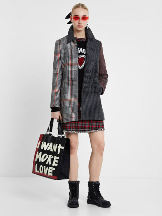 Kira Μάλλινο Γυναικείο Καρό Grey/Red Παλτό με Φερμουάρ