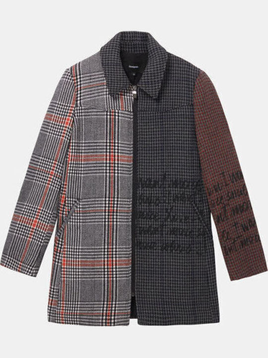 Kira Μάλλινο Γυναικείο Καρό Grey/Red Παλτό με Φερμουάρ