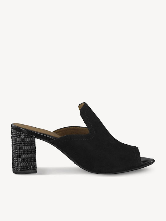 Leather Mules with Chunky High Heel in Black Color