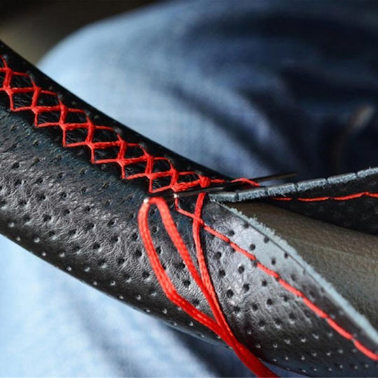 GlobalExpress Car Steering Wheel Cover Tailored with Diameter 36cm made of Leatherette Black with Red Stitching