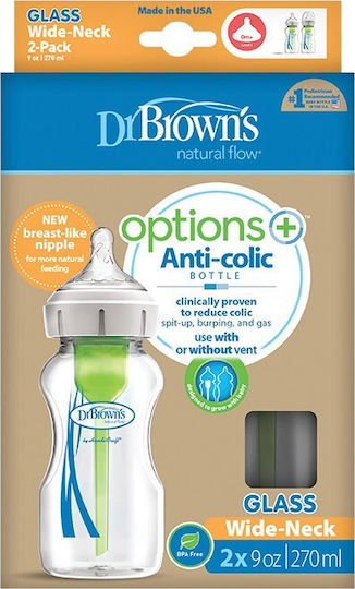 Dr. Brown's Σετ Γυάλινα Μπιμπερό Natural Flow Options Κατά των Κολικών με Θηλή Σιλικόνης για 0+ μηνών Διάφανο 270ml 2τμχ