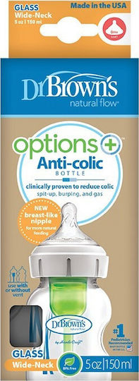 Dr. Brown's Glass Baby Bottle Natural Flow Options Anti-Colic with Silicone Nipple for 0+, 0+ m, months 150ml