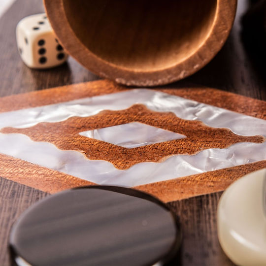 Manopoulos Natural Burl with Pearl Elements Handgefertigt Backgammon Holz mit Spielsteinen 48x48cm