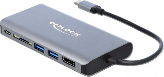 DeLock USB-C Docking Station με HDMI/DisplayPort 4K PD Ethernet και συνδεση 2 Οθονών Ασημί (87683)