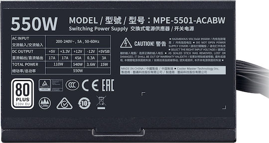 CoolerMaster MWE 550 rev. 2.0 550W White Computer Power Supply Full Wired 80 Plus Standard