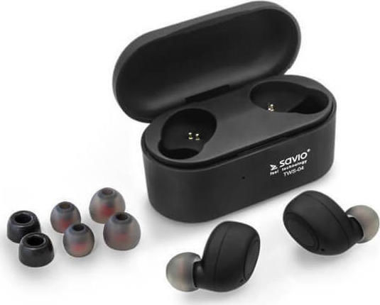 Savio TWS-04 In-Ear Bluetooth-Freisprecheinrichtung Kopfhörer mit Ladeetui Schwarz