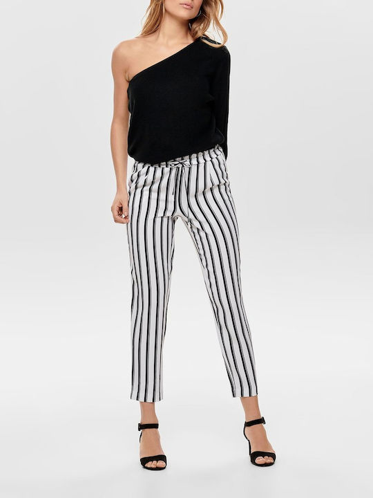 Only Women's High-waisted Fabric Trousers Striped White/Black