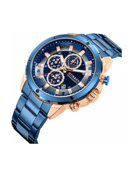 Curren Watch Chronograph Battery with Blue Metal Bracelet