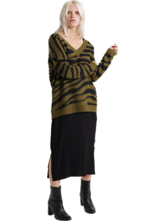 Superdry Edit Zadie Women's Long Sleeve Sweater with V Neckline Animal Print Khaki