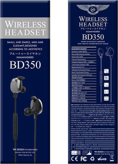 WK Sporty BT BD350 In-ear Bluetooth Handsfree Ακουστικά με Αντοχή στον Ιδρώτα Μαύρα