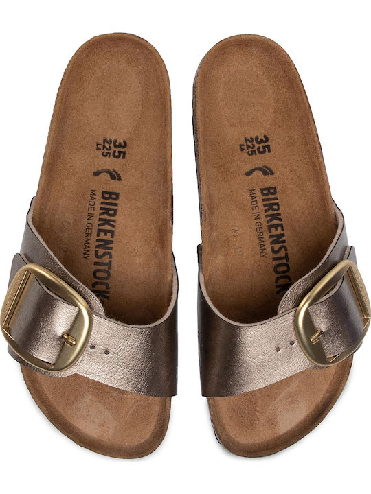 Madrid Big Buckle Birko-Flor Flache Sandalen für Damen Gold Schmale Passform