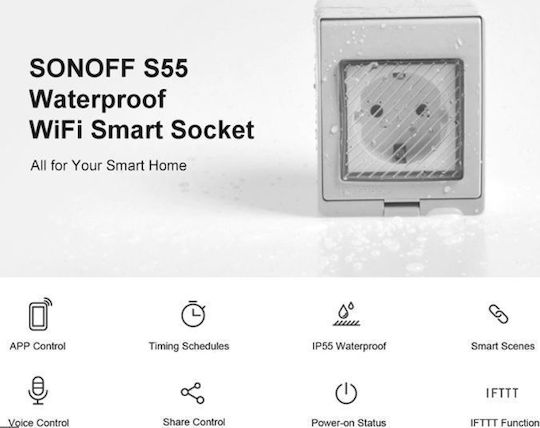 Sonoff S55TPF-DE Μονή Εξωτερική Πρίζα Ρεύματος Wi-Fi Στεγανή με Καπάκι Γκρι