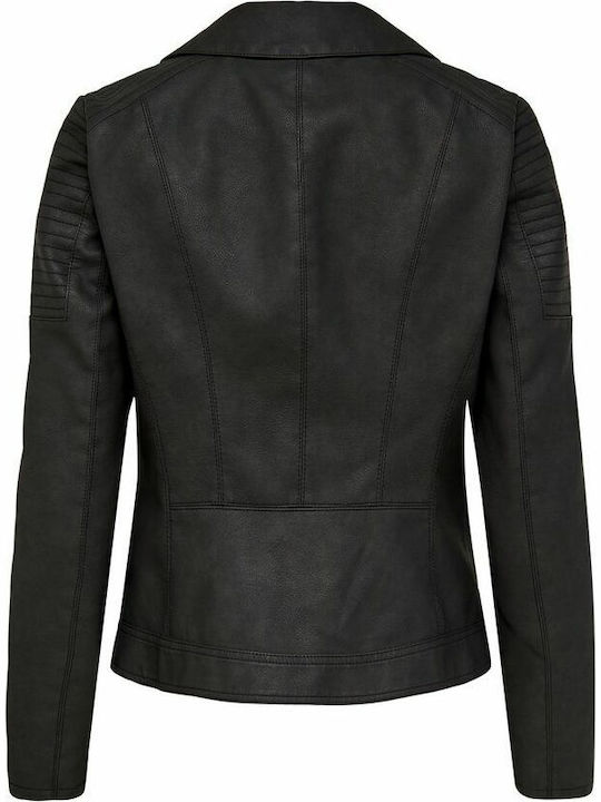 Women's Short Biker Artificial Leather Jacket for Winter Black