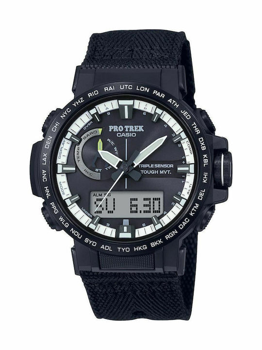 Casio Pro Trek Αναλογικό/Ψηφιακό Ανδρικό Ρολόι 47mm Χρονογράφος Solar με Μαύρο Καουτσούκ Λουράκι