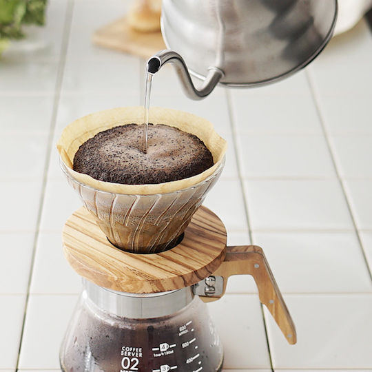 Hario V60 Капкомер За Кафе От Маслиново Дърво 02 Стъклен Прозрачен 120x120x95мм За 4 Чаши