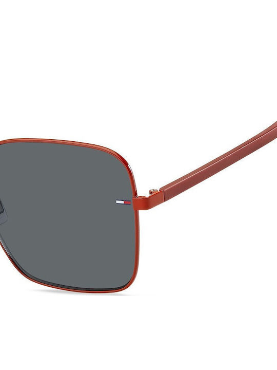 Tommy Hilfiger Women's Sunglasses with Red Metallic Frame and Grey Lenses