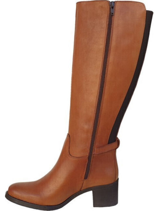 Leder Damenstiefel mit mittlerem Absatz & Gummizug Tabac Braun