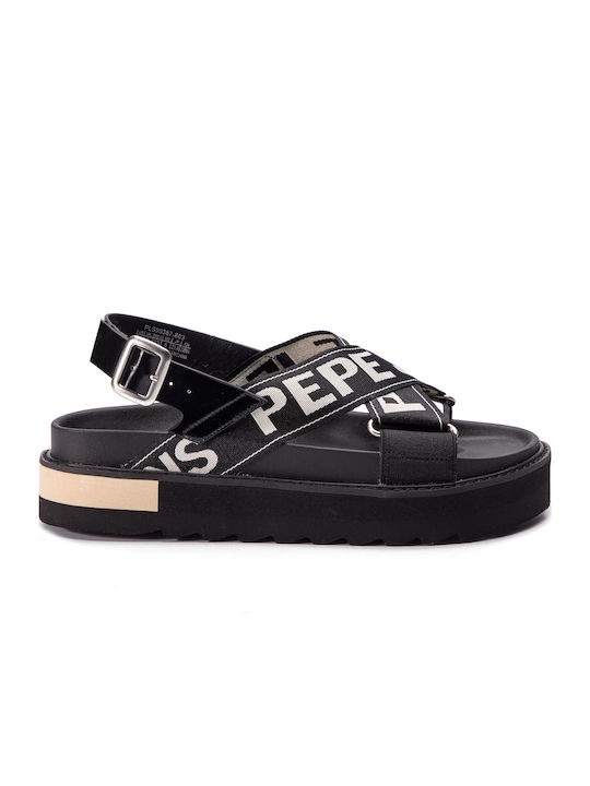 Pepe Jeans Γυναικεία Σανδάλια Flatforms σε Μαύρο Χρώμα
